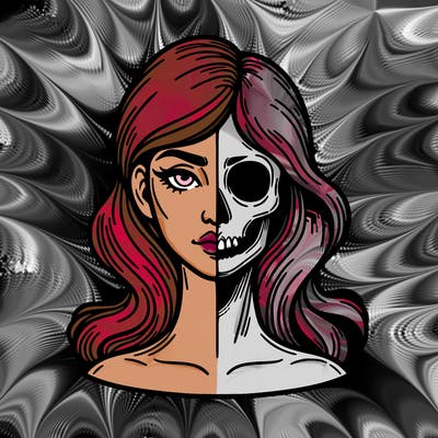 bust of a woman, half face and hair, half skull