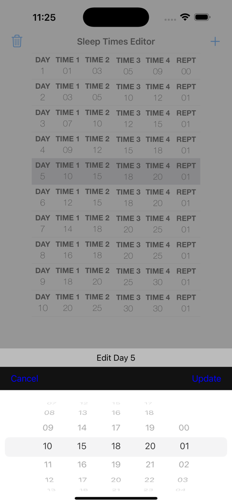 Baby Sleep Trainer - Mobile app interface showing the sleep times editor with a schedule of daily wait times and a time picker
