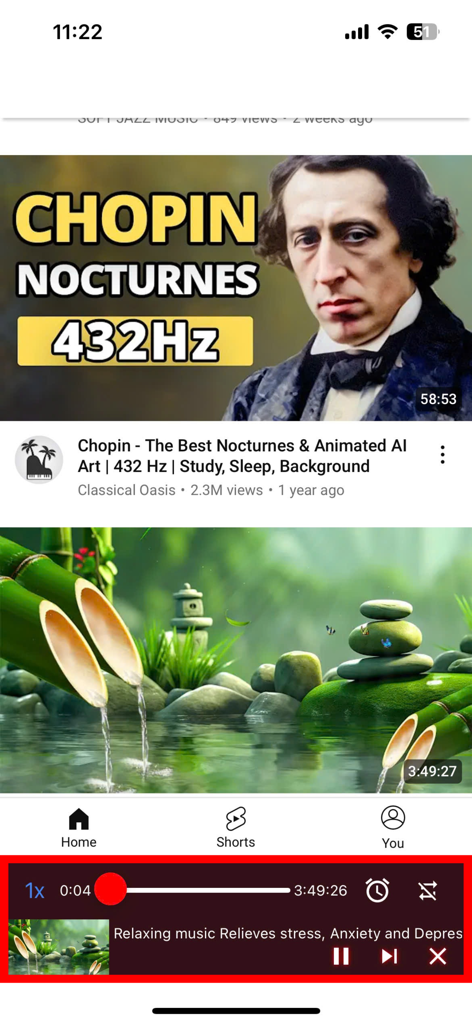 MusicTube - Listen to videos - 音楽ビデオのサムネイルと下部にある赤いバックグラウンドオーディオコントロールバーが表示されるMusicTubeアプリのインターフェイス。