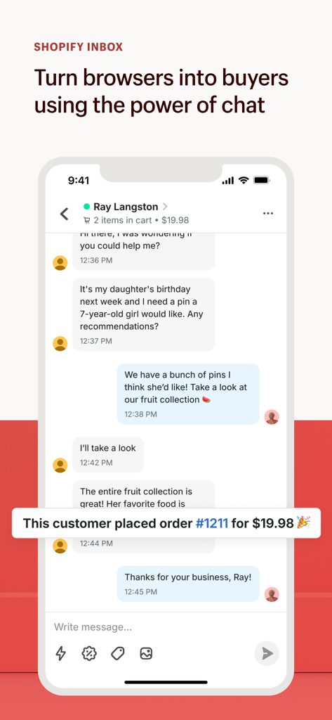 A mobile interface for Shopify Inbox showing a merchant chatting with a customer and successfully converting a conversation into an order.
