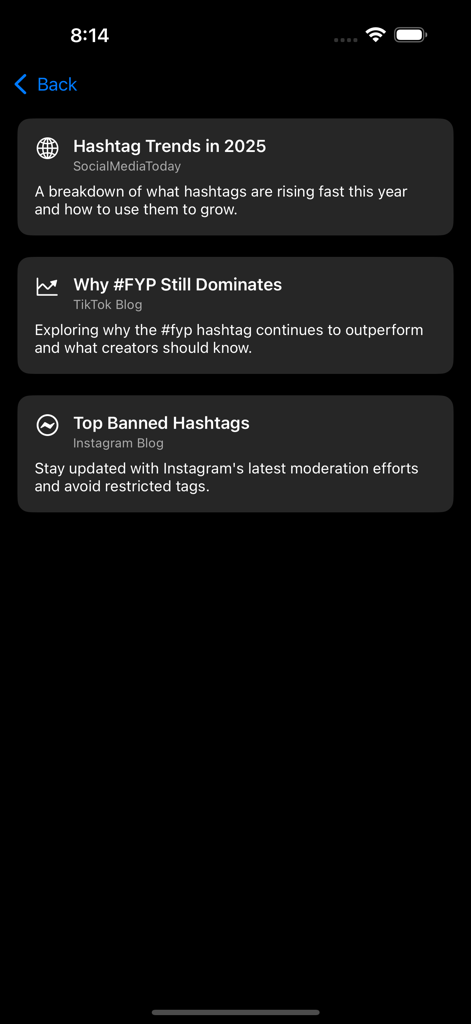 TikZag+ Tiktok Likes More Tags - TikZagアプリで、ソーシャルメディアのハッシュタグのトレンドとヒントに関する記事が表示される画面。