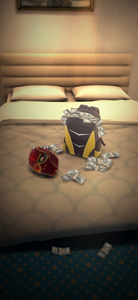 Gangs of Miami: Crime Shooter - A backpack overflowing with bundles of money and a red crime mask on a bed.