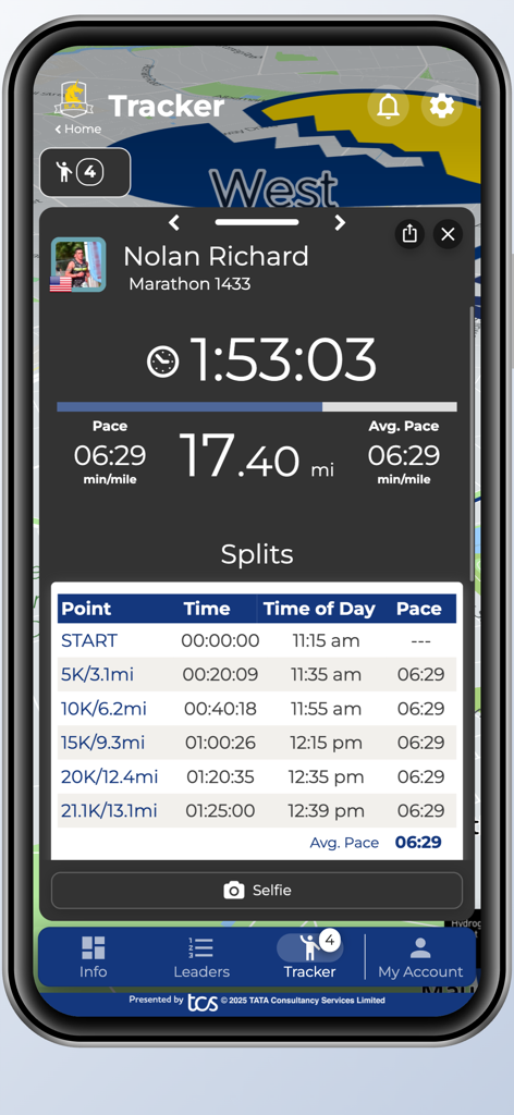 B.A.A. Racing App - Live marathon runner tracking with distance and split times in the B.A.A. Racing App.