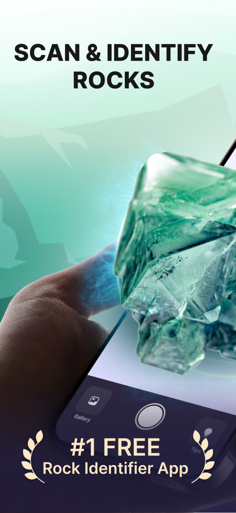 Rock Finder: Stone Identifier - Rock Finder app interface scanning a green crystal to identify it