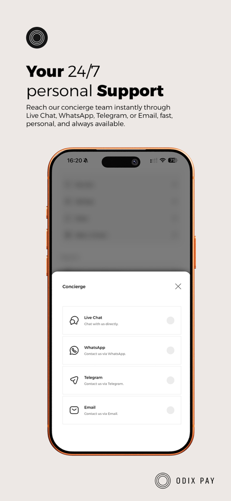 Odix Pay & Card - A mobile screen showing the 24/7 personal concierge support options in the Odix Pay app including live chat and messaging apps