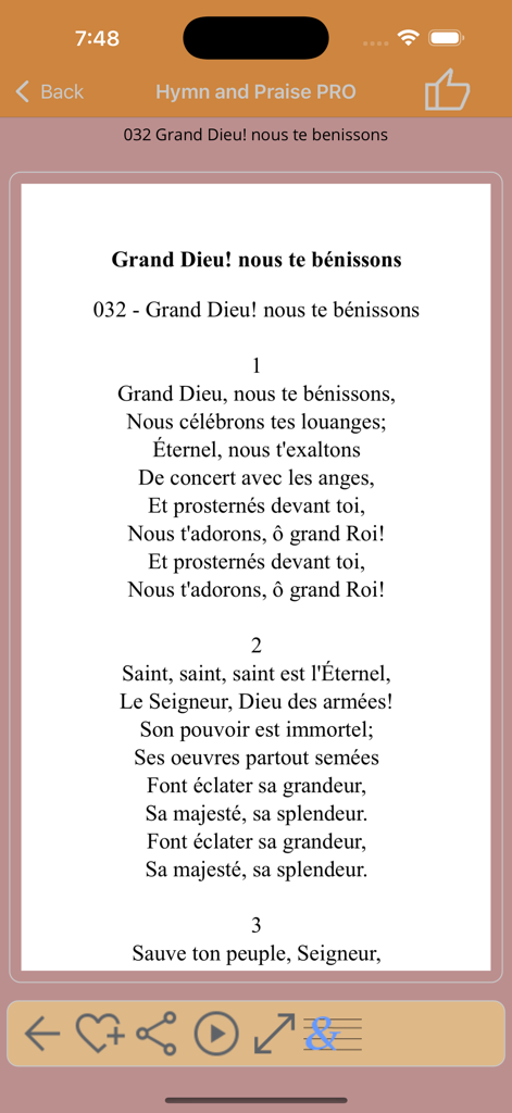 French hymn lyrics displayed on the Hymns and Praise Pro app interface