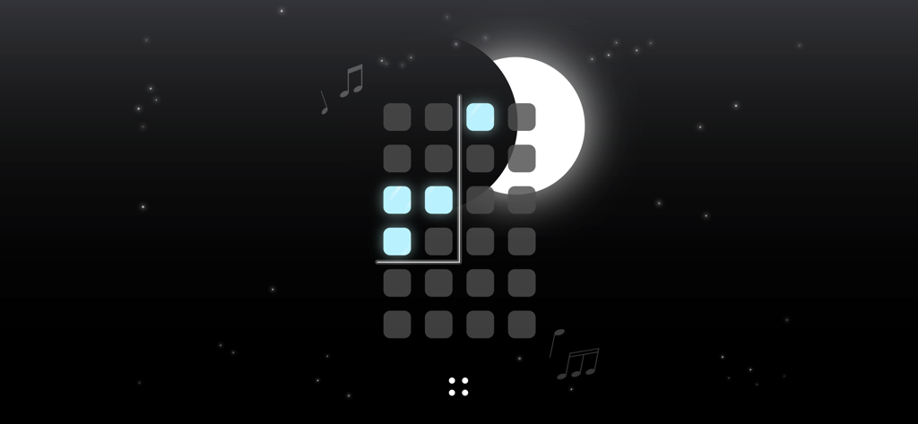 Harmony: Relaxing Music Puzzle - Minimalist music puzzle interface with glowing blue squares and musical notes on a dark starry background