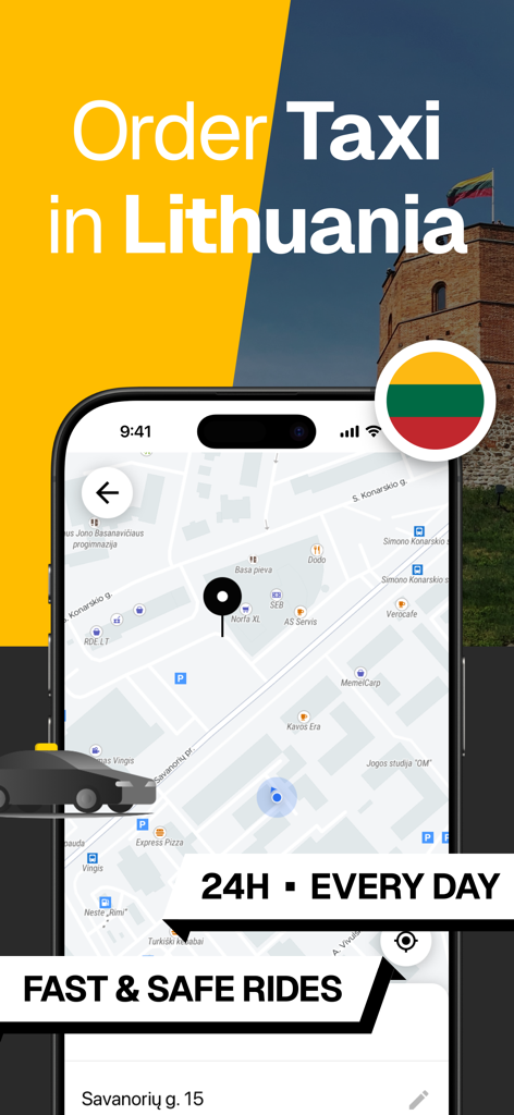 Etransport - Taxi and more - Mobile app interface for ordering a taxi in Lithuania with map navigation and service options.