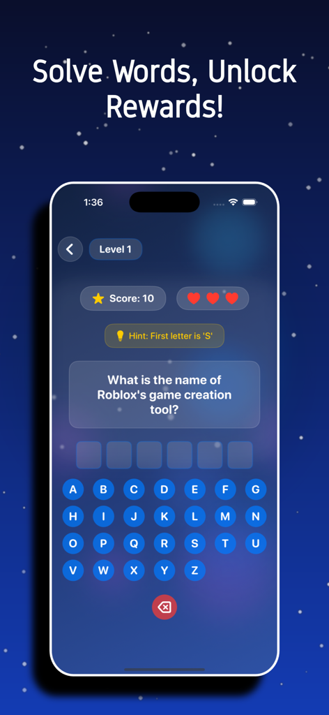 A trivia game screen asking about Roblox game creation tools with an interactive keyboard.