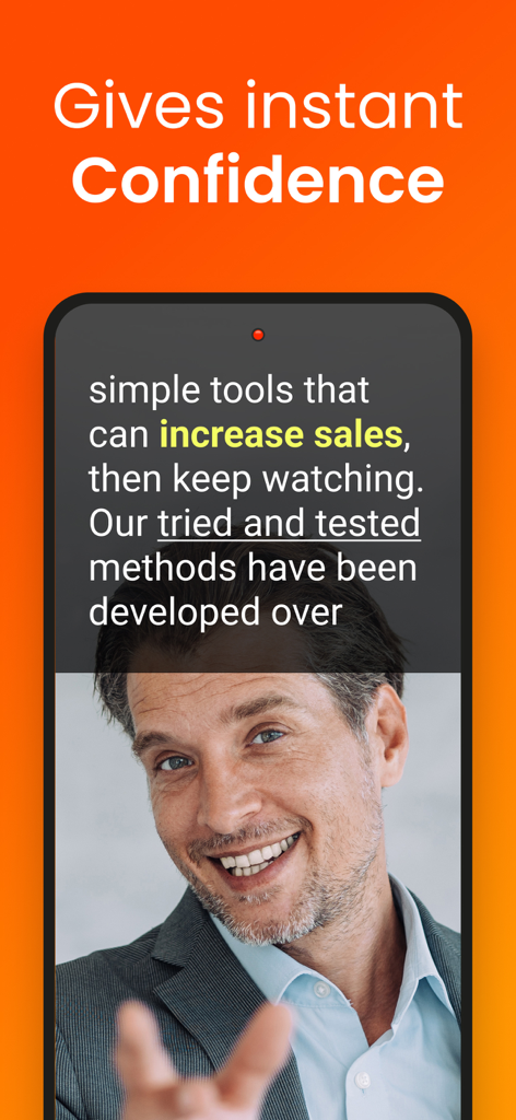 Smartphone showing a professional man recording a video with a scrolling script overlay from the Teleprompter for Video app.