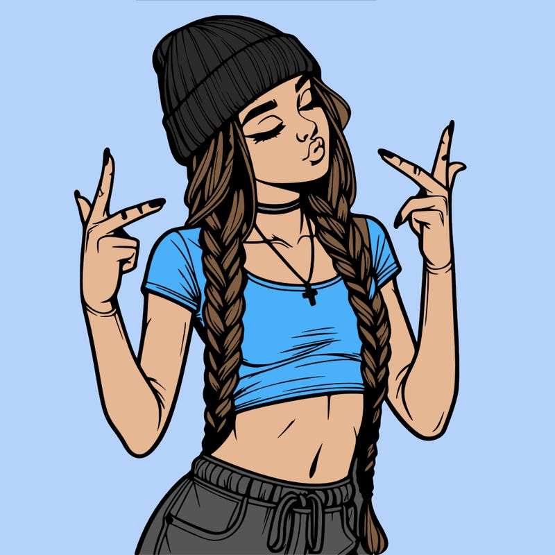 realistic teenage girl with braids and a beanie and crop top doing 🫶🏼