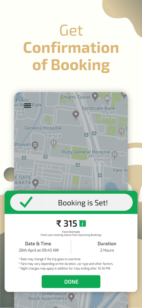 Drivers4Me - Get Car Drivers - Drivers4Me app interface displaying a successful driver booking confirmation with trip details