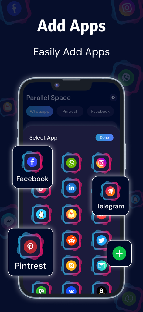 Multiple Accounts - Dual Space - Interface of the Dual Space app showing a grid of social media icons like Facebook and Telegram to add multiple accounts