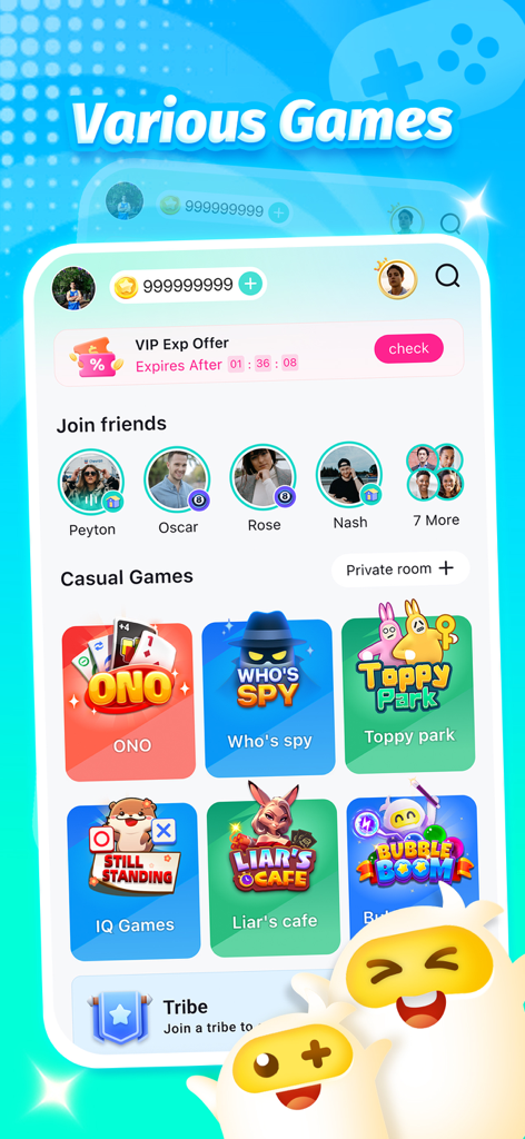La schermata principale dell'app TopTop che mostra vari giochi casual e amici online