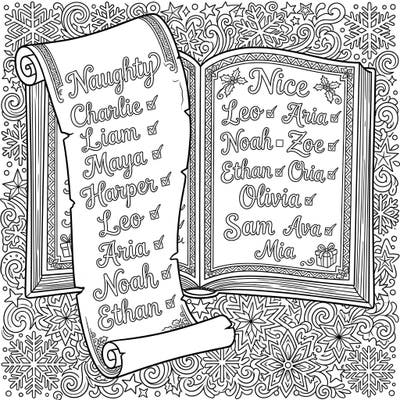 Step into the festive spirit with this enchanting Naughty or Nice List coloring page, straight from Santa's workshop! Explore intricate details of names, checkmarks, and a delightful snowy background, perfect for holiday creativity.