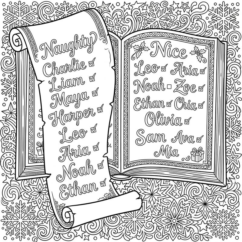 Step into the festive spirit with this enchanting Naughty or Nice List coloring page, straight from Santa's workshop! Explore intricate details of names, checkmarks, and a delightful snowy background, perfect for holiday creativity.