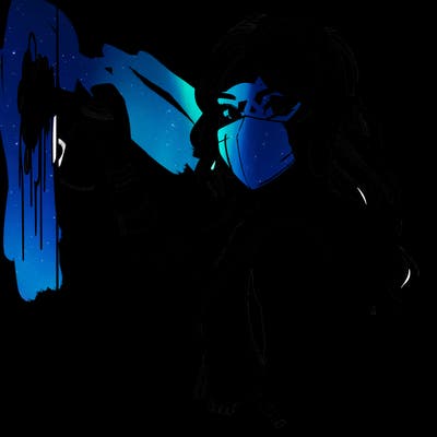 realistic girl with mask spray painting a wall