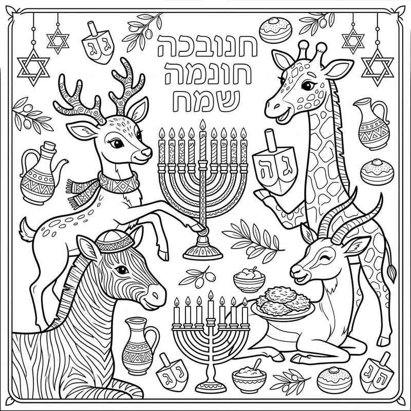 Immerse yourself in the holiday spirit with this enchanting Hanukkah coloring page! Featuring a delightful gathering of hoofed animals celebrating the Festival of Lights with traditional symbols.