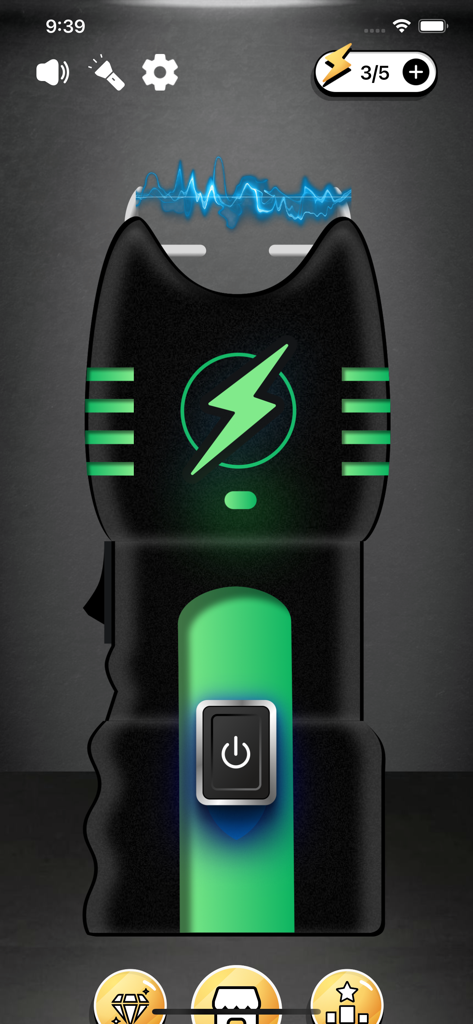 Prank Shock Friends - A digital stun gun interface with a power button and electric blue sparks for prank simulation