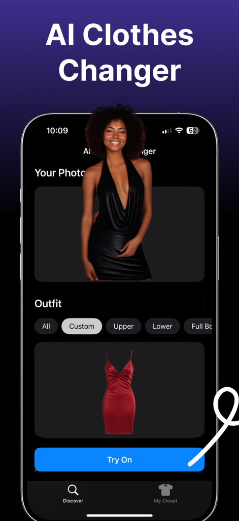 Mobile app interface of AI Clothes Changer showing a user photo and a selected red dress for a virtual try-on experience.