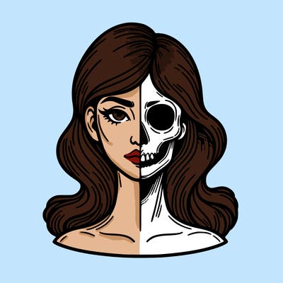 bust of a woman, half face and hair, half skull