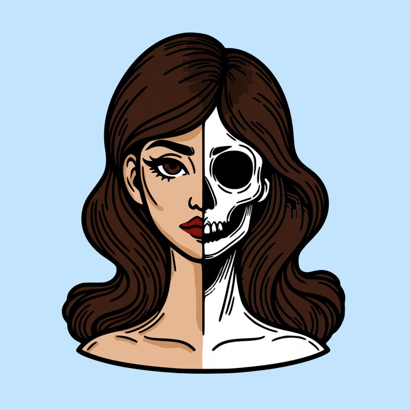 bust of a woman, half face and hair, half skull