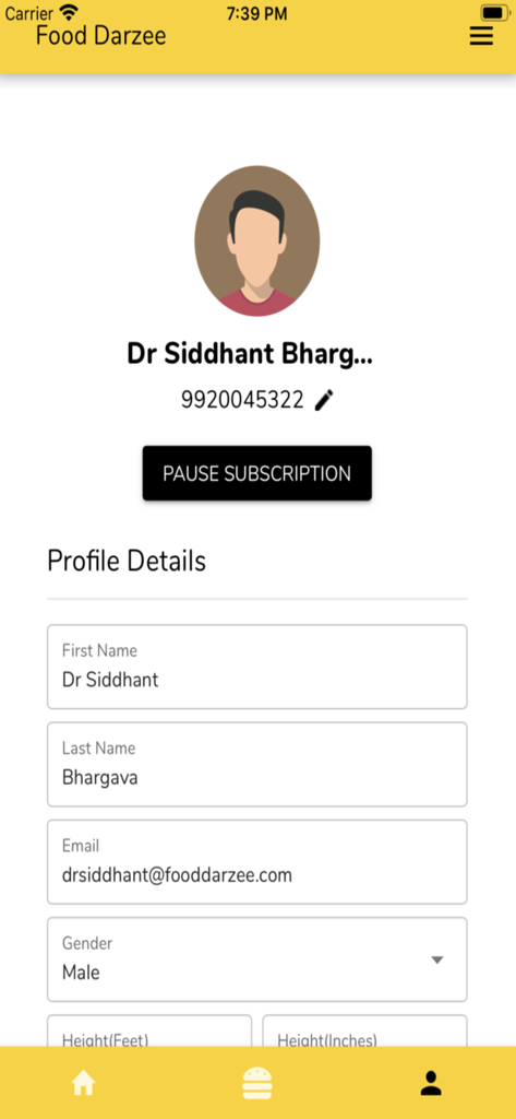 Food Darzee - Food Darzee app profile details and subscription management screen