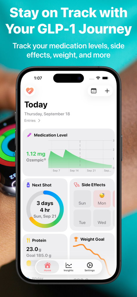 MyGLP GLP-1 Shot Tracker - MyGLP app dashboard displaying medication levels for Ozempic, next shot countdown, side effects, and weight loss progress chart.