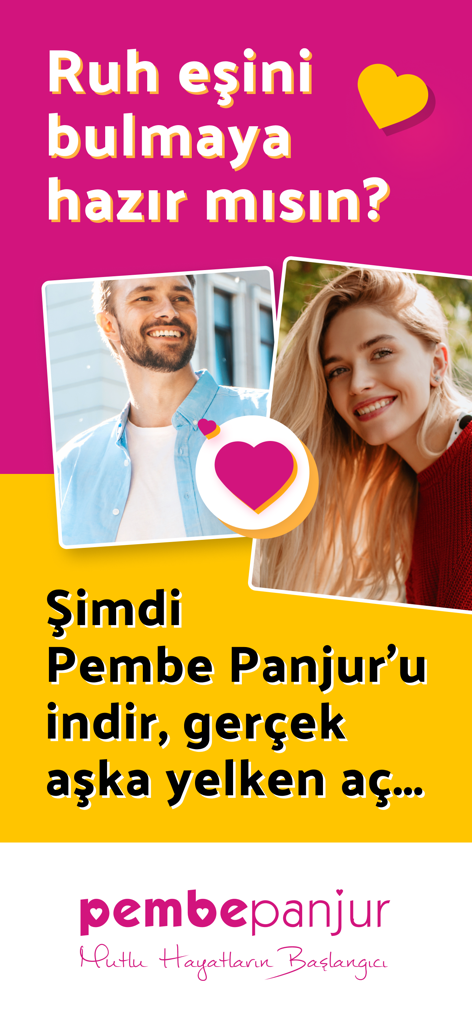 Pembe Panjur Chat & Arkadaşlık - Promotional banner for Pembe Panjur Turkish dating app featuring a happy couple and soulmate matchmaking text in Turkish