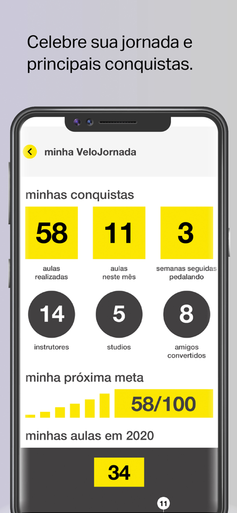 Una pantalla de smartphone que muestra el panel de logros de usuario de la aplicación Studio Velocity con estadísticas de fitness y progreso de objetivos