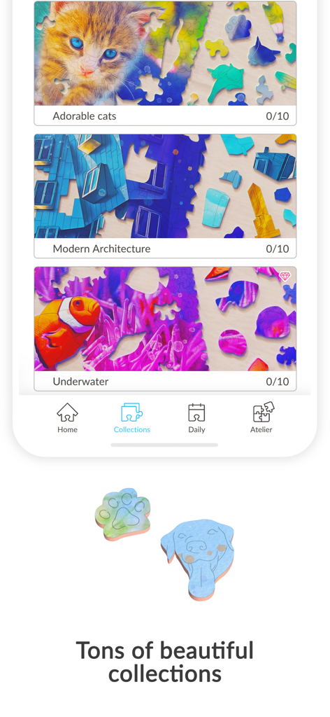 April: Jigsaw Puzzle by Number - A menu screen showing various 3D wooden-style jigsaw puzzle collections including cats and architecture