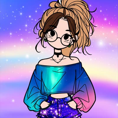 girl with a messy ponytail glasses a baggy crop top and jean shorts