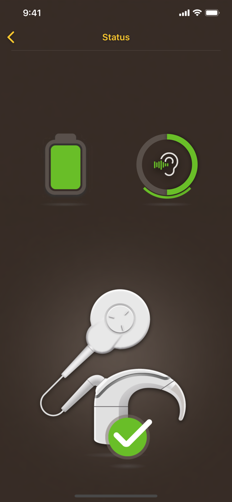 Une capture d'écran de la page d'état de l'application Nucleus Smart affichant la durée de vie de la batterie et l'état de la connexion d'un processeur de son Cochlear.