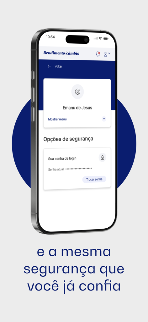 Ein mobiler Bildschirm mit Sicherheitsoptionen und Passworteinstellungen in der Rendimento Cambio App