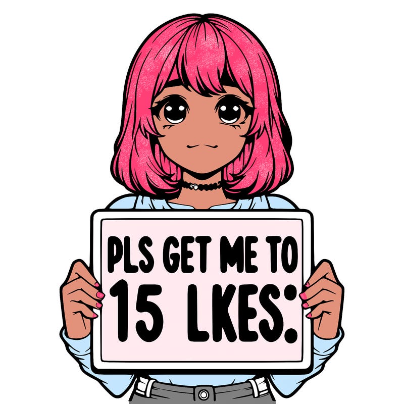 realistic girl holding up a sign that says “pls get me to 15 likes!”