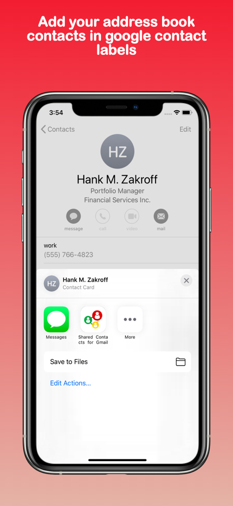 Adding an iPhone address book contact to Google contact labels using the Shared Contacts for Gmail app share feature.