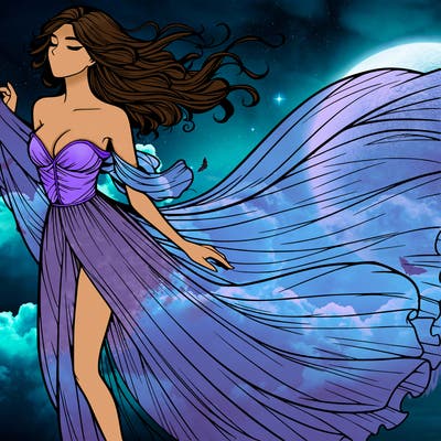 realistic woman in dress flowing the the wind