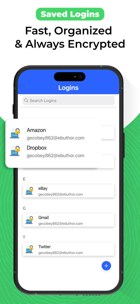 iPhone screen displaying a list of saved and encrypted login credentials for various online accounts