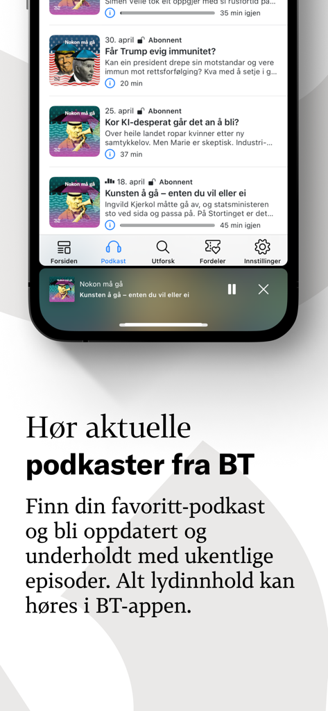 Bergens Tidende - Smartphone screen showing the Bergens Tidende podcast library with various news episodes in Norwegian