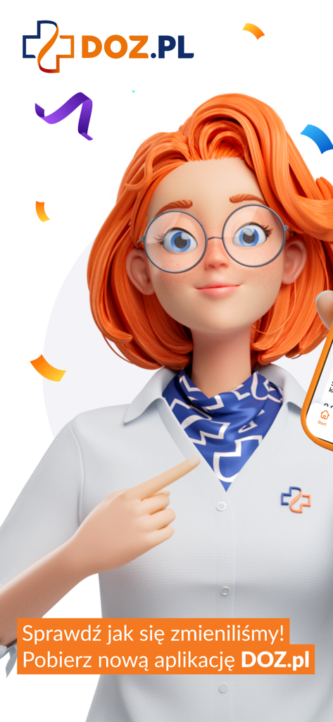 DOZ.pl - Um personagem farmacêutico feminino 3D apontando para o aplicativo móvel DOZ.pl em um smartphone