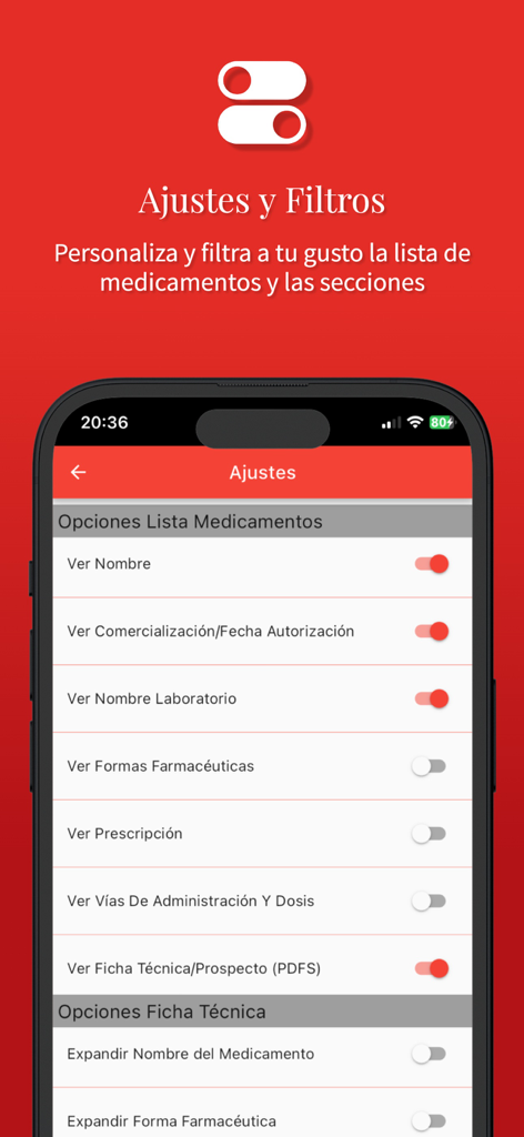 Vademecum 2025 Medicamentos - 의약품 목록에 대한 사용자 지정 옵션을 보여주는 Vademecum 2025 Medicamentos 모바일 앱의 설정 및 필터 화면