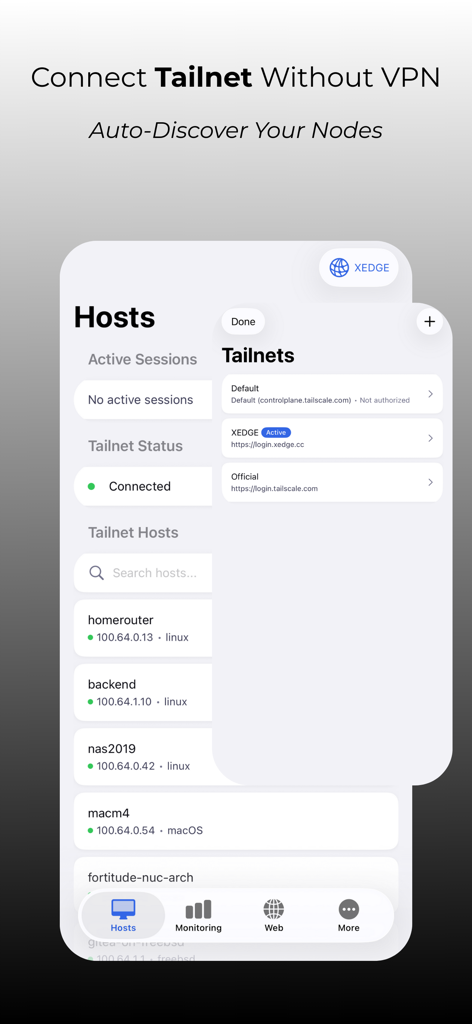 NovaAccess - Tailnet Tools - NovaAccess app screen displaying a list of active Tailnet hosts and server node discovery