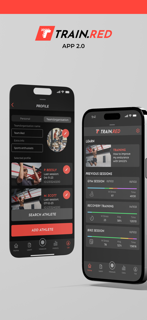 Two screens of the Train.Red app showing athlete management profile and training session dashboard with muscle stress metrics