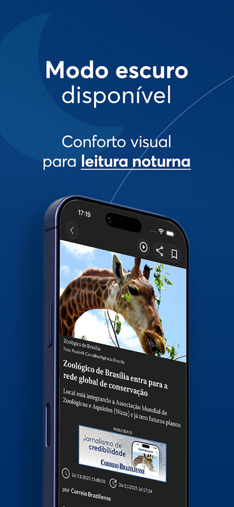 Correio Braziliense - Tela de smartphone mostrando o aplicativo de notícias Correio Braziliense em modo escuro para leitura noturna confortável.