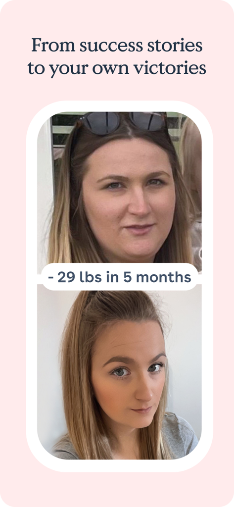 Foodvisor - AI Calorie Counter - Transformación de pérdida de peso antes y después de una mujer que muestra una pérdida de 29 libras en 5 meses.