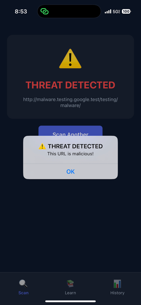 QR SafeScan - Threat Detector - The QR SafeScan app interface displaying a red threat detected warning for a malicious URL.