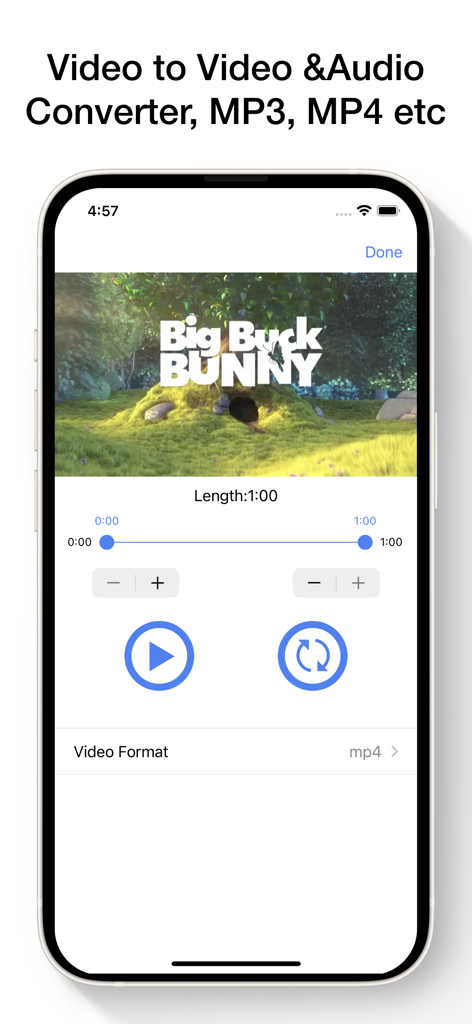 Interfaz de la aplicación móvil que muestra opciones de recorte y conversión de video a formato MP3 o MP4