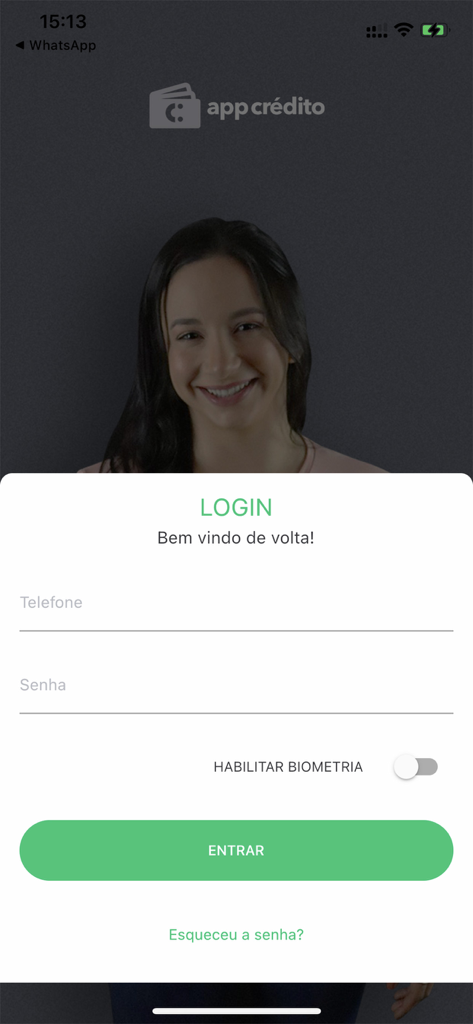 Login screen for APP Credito mobile app showing fields for phone and password