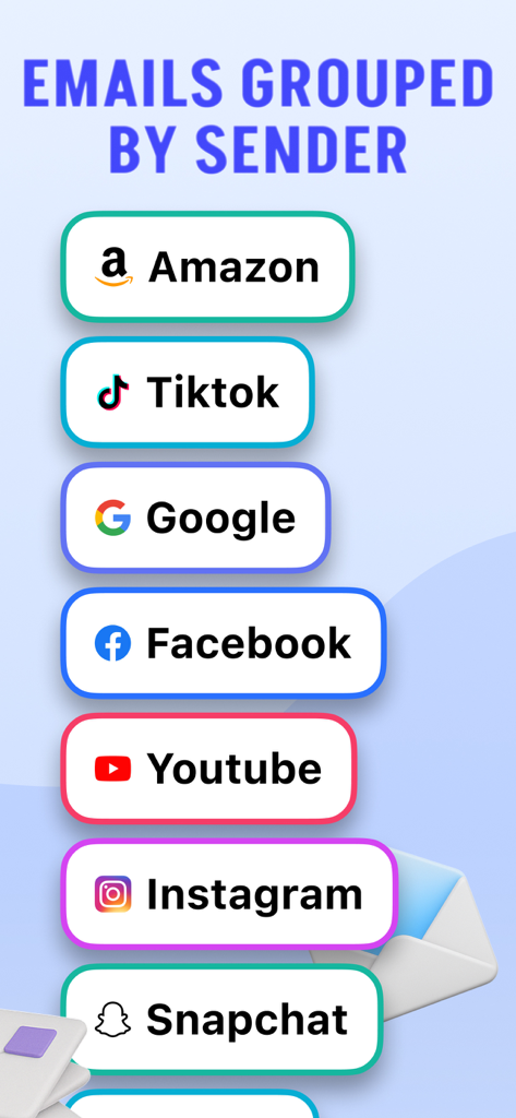 Mailory: Email Assistant - A list of email senders like Amazon, TikTok, and Google grouped in the Mailory app interface.