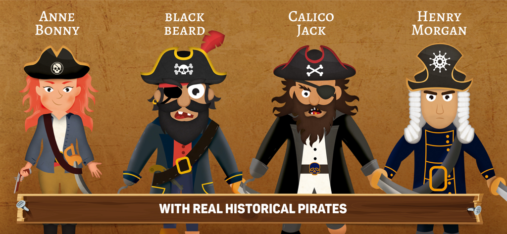 How did Pirates Live? - Cartoon-Illustrationen der historischen Piraten Anne Bonny, Black Beard, Calico Jack und Henry Morgan.